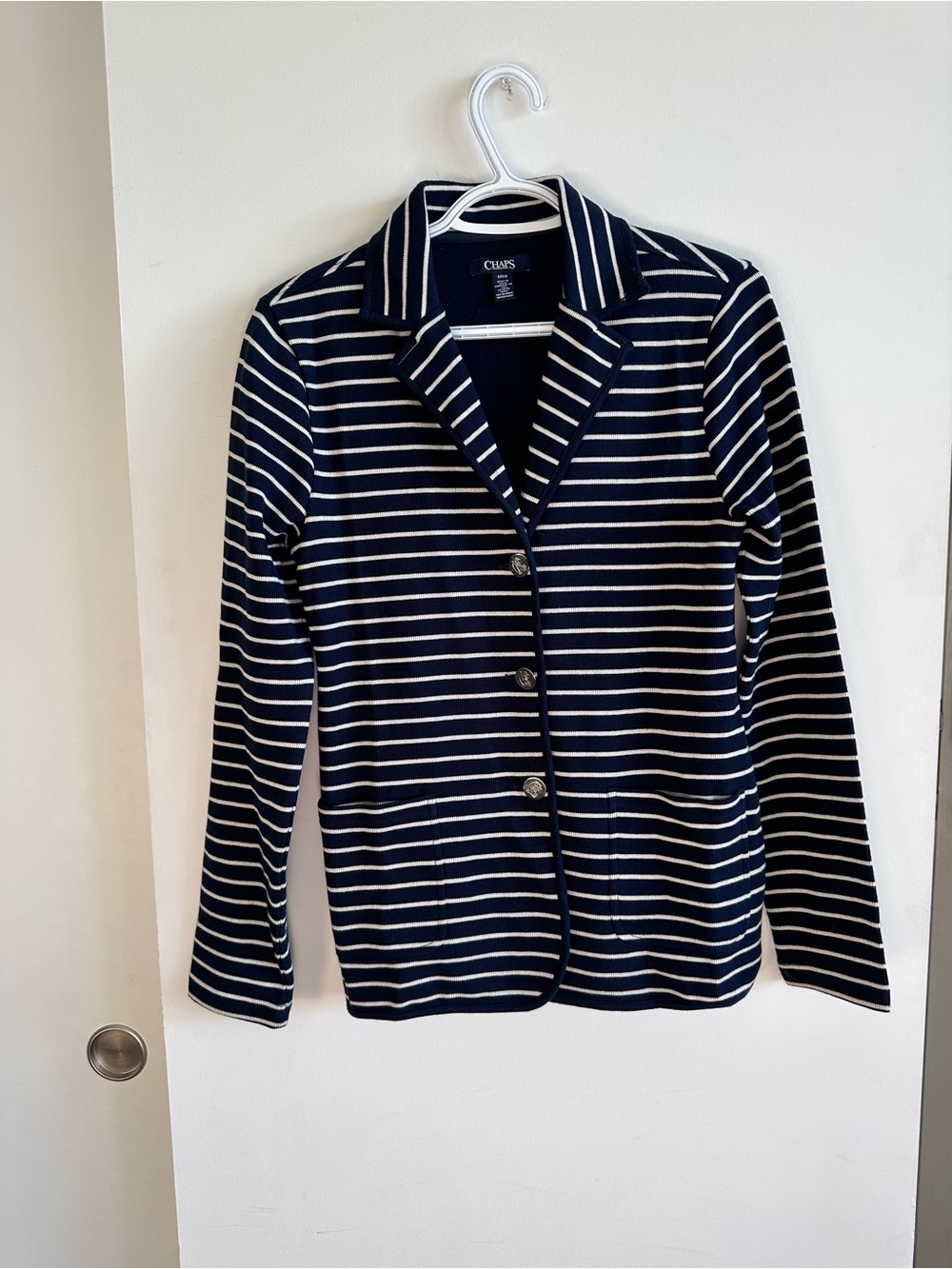 Chaps Navy and White Striped Button-Front Knit Shirt Jacket